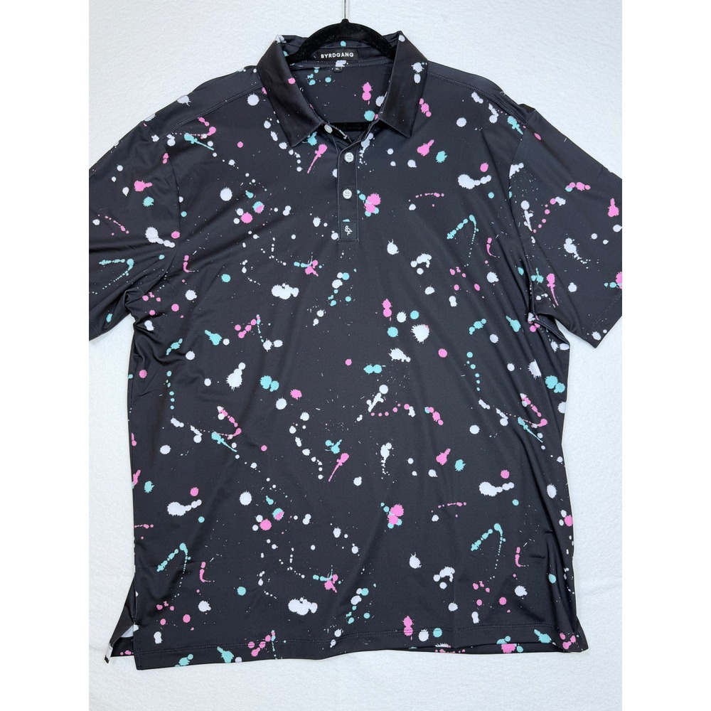 Byrdgang Paint Splatter Polo Shirt Mens XL Black Pink Blue Performance Golf Tee